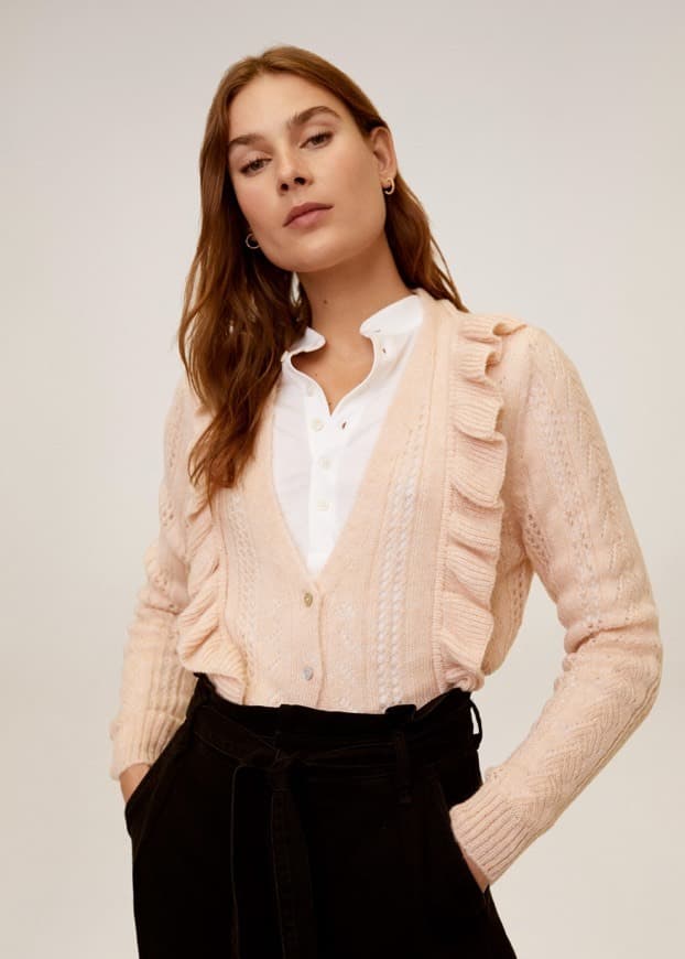 Moda Cardigan de malha rendada com folhos 