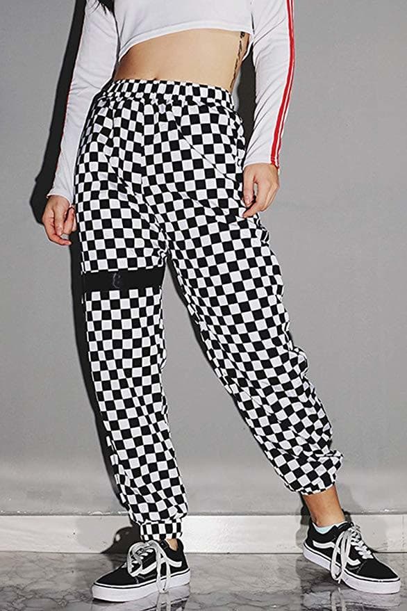 Fashion Mujeres Negro Blanco Plaid Pantalones Deportivos Sueltos Cintura Elástica Cónica Piernas Largas