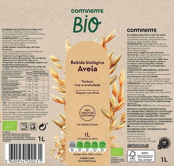 Producto Bebida vegetal de aveia bio