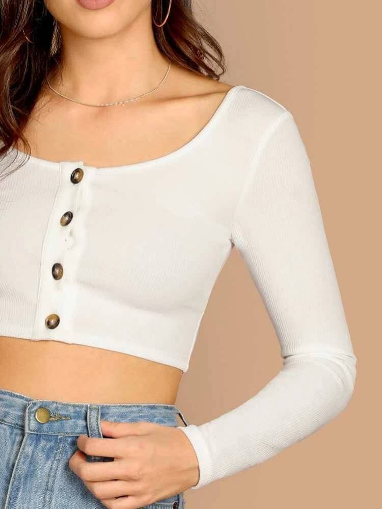 Fashion Button Front Form Fitting Crop Tee

