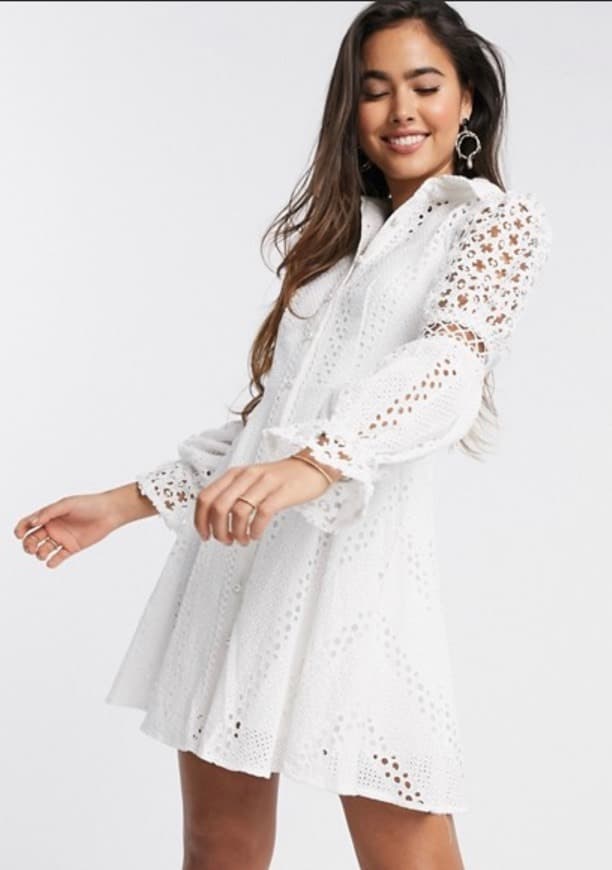 Product long sleeve broderie lace shirt dress in white