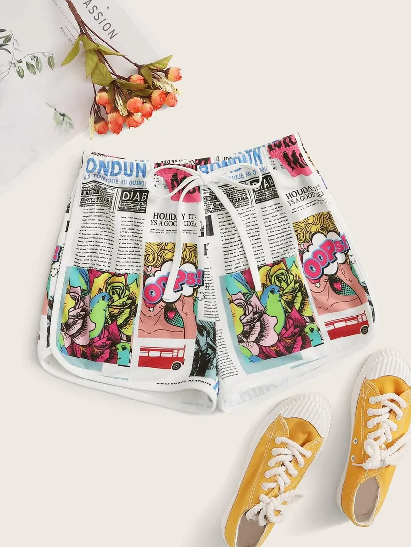 Moda Tie Waist Newspaper & Pop Art Print Dolphin Shorts