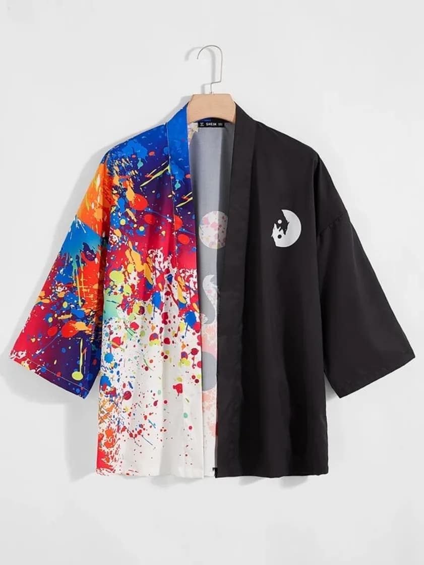 Moda Men Splash and Wolf Print Kimono