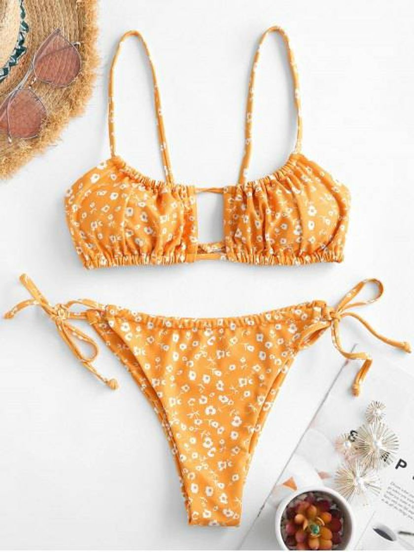 Fashion Jessica Howell X ZAFUL Ditsy Print Keyhole String Bikini Swimwear