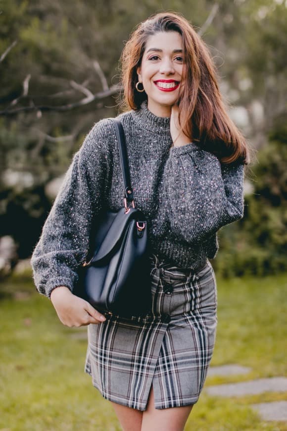 Fashion Grey look with a tartan skirt