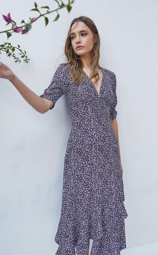 Moda vestido midi com folho e estampado