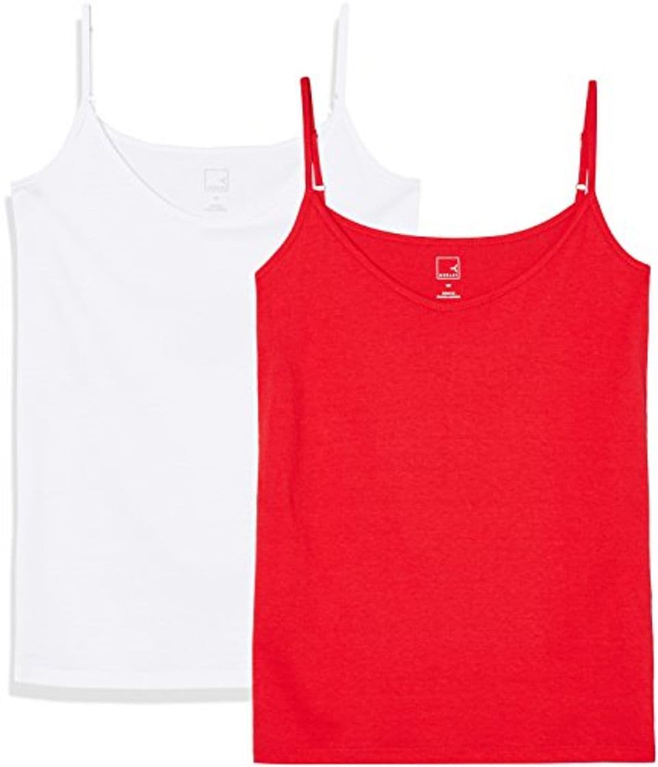 Moda Marca Amazon - MERAKI Camiseta Mujer de Tirantes, Pack de 2, Rojo