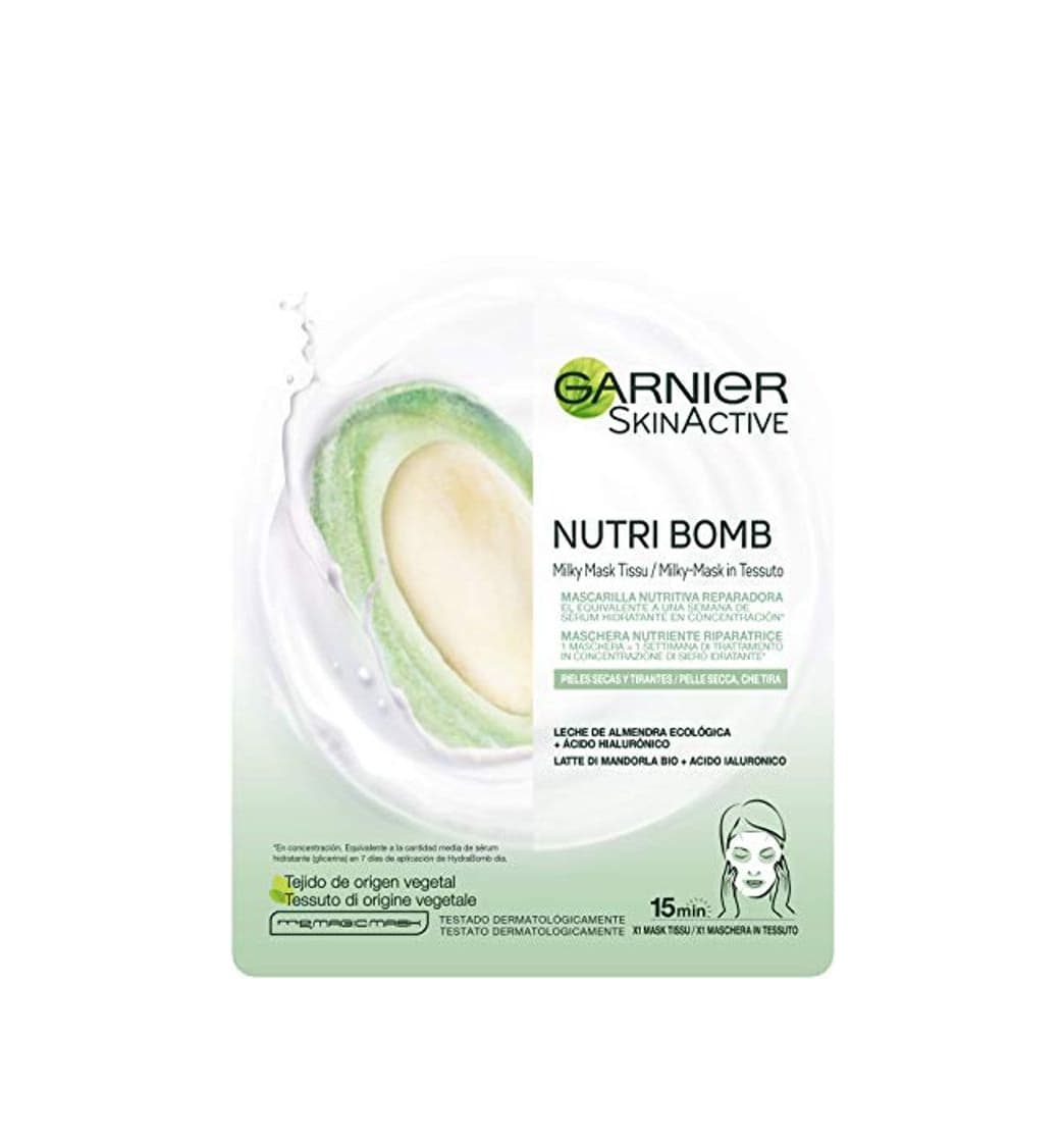 Producto Garnier Skin Active Nutri Bomb Milky Mask Tissu Reparadora Mascarilla de Tejido con Leche de Almendra Ecológica y Ácido Hialurónico para Pieles Secas y Tirantes 36 g