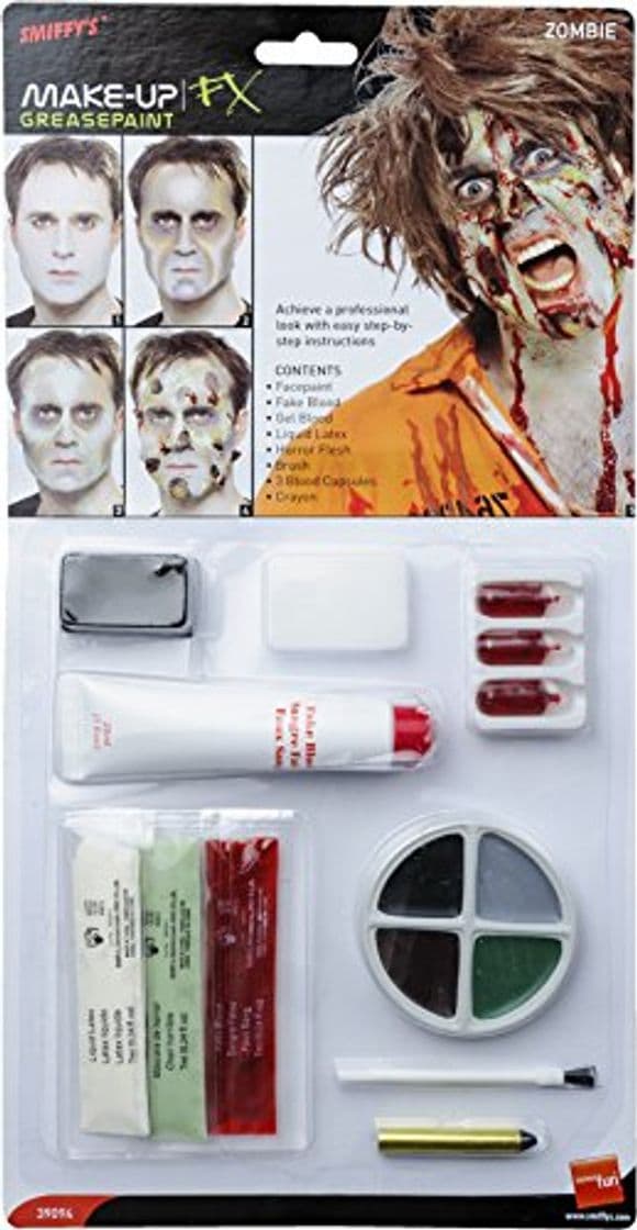 Producto Smiffy's-39094 Kit de Zombi, Pintura Facial, Falsa, Sangre en Gel, látex líquid,