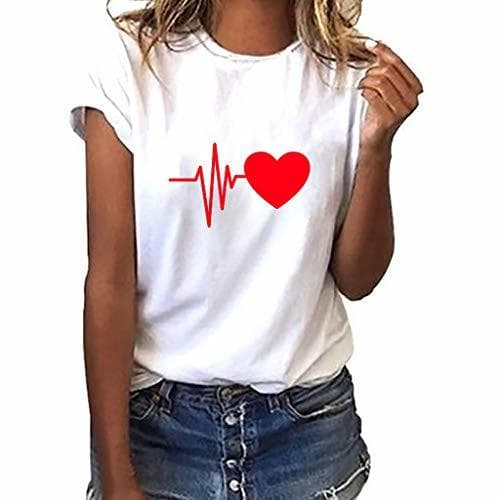 Product Camiseta de Mujer Manga Corta Corazón Impresión Blusa Camisa Cuello Redondo Basica