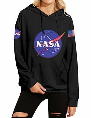 Fashion Dresswel Mujer Sudaderas con Capucha Impresión de NASA Suelta Tallas Grandes Jersey