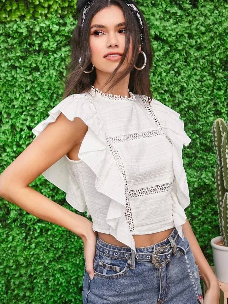 Product Ruffle Trim Lace Tape Insert Crop Top

