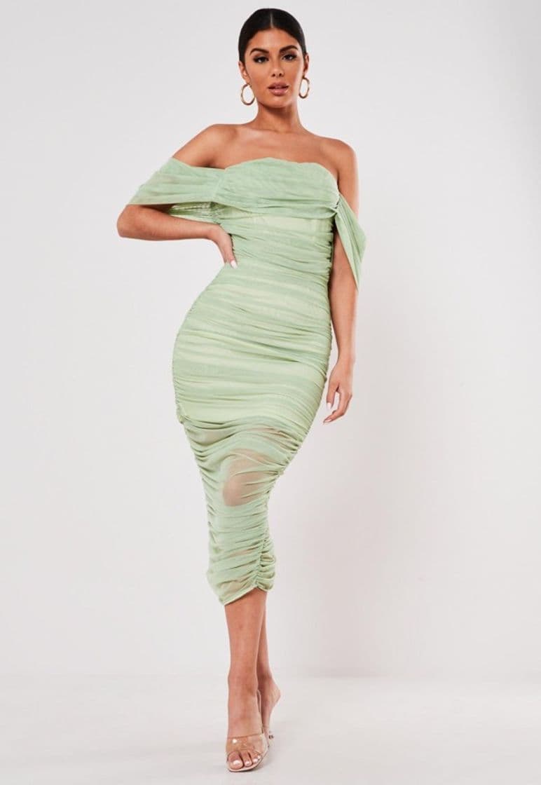 Fashion Green Ruched Bardot Midi Dress