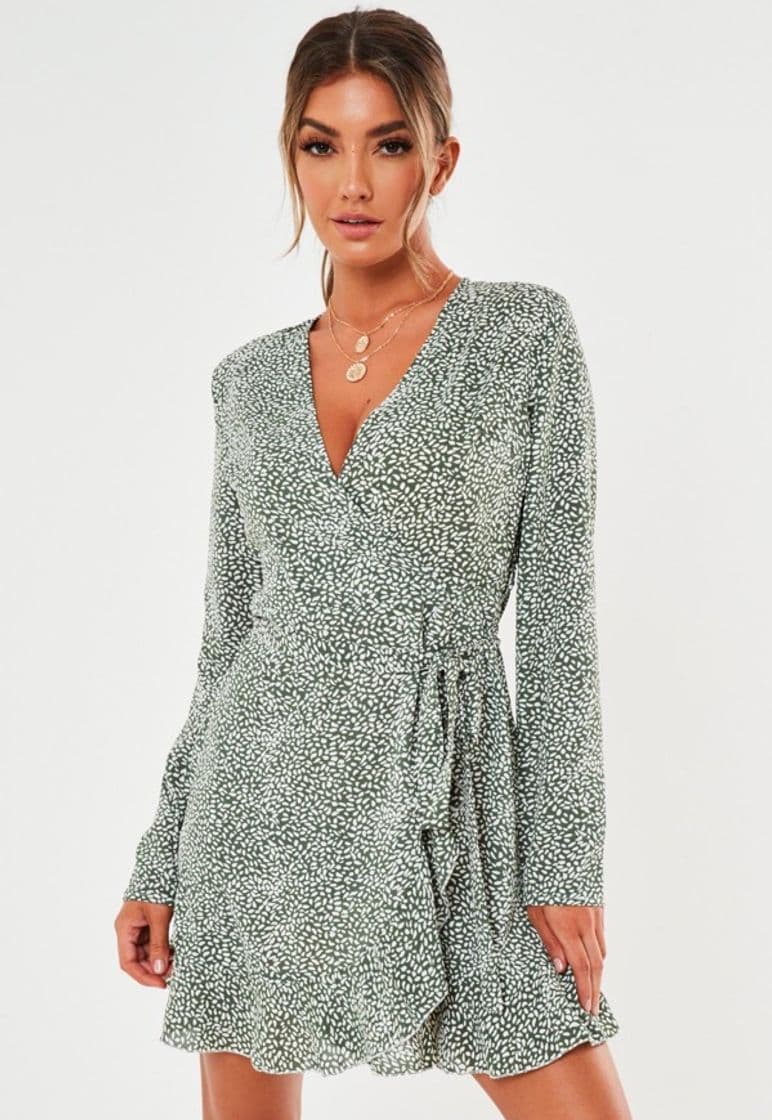 Moda Green Sprinkle Print Ruffle Wrap Tea Dress