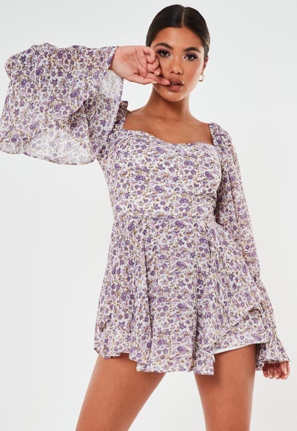 Product Petite Lilac Floral Bardot Milkmaid Playsuit