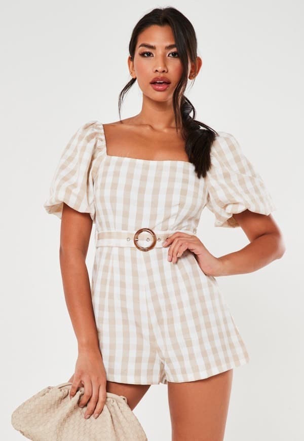 Product Petite Stone Gingham Belted Milkmaid Playsuit