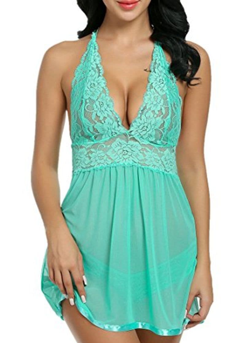 Product Scallop Mujer Babydoll Picardías Lencería Abierta Detrás Correas（Verde M)