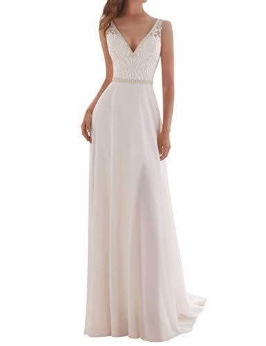 Producto JAEDEN Vestidos de Novia Largo Mujer Vestido de Boda Gasa Encaje V-Cuello