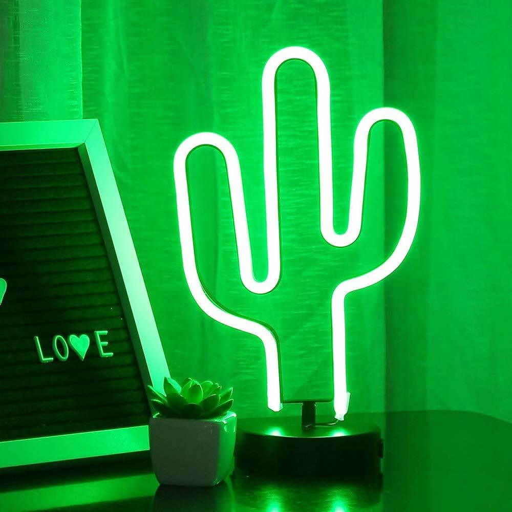 Home ENUOLI Green Cactus señales de neón con la base de LED de