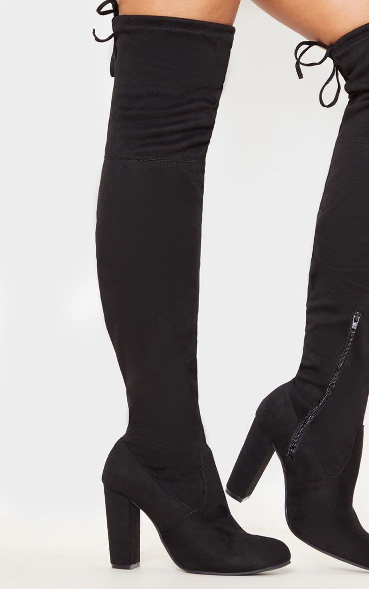 Fashion Bess Black Faux Suede Heel Thigh Boots