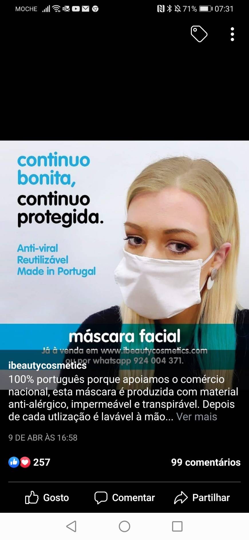 Producto Máscaras faciais 