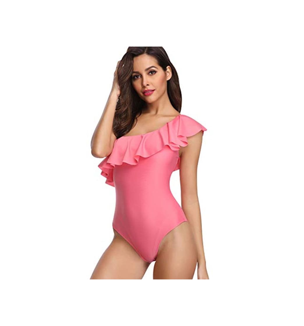 Product Traje de Baño Mujer Bañador Vientre Plano Una Pieza Bañadores sin Tirantes Playa Natacion Mujer con Volantes Bikinis con Relleno Monokini Bikini Push Up Señora Trajes de Baño Enteros Trikini Rosa XL