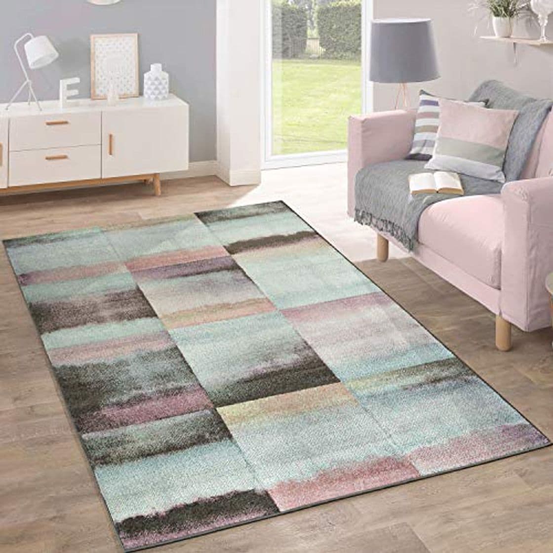 Producto Alfombra Diseño Moderna Salón Transición Cuadros Pastel Verde Amarillo Lila, tamaño