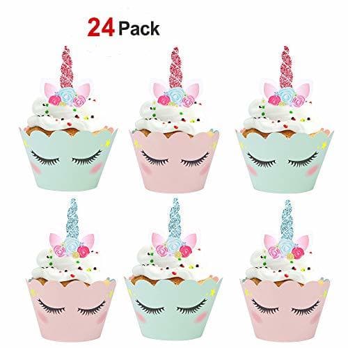 Producto Konsait Unicornio Cake Toppers Magdalenas Decoración y Doble Cara Cupcake Wrappers para