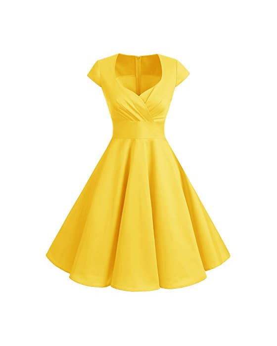 Fashion Bbonlinedress Vestido Corto Mujer Retro Años 50 Vintage Escote En Pico Yellow