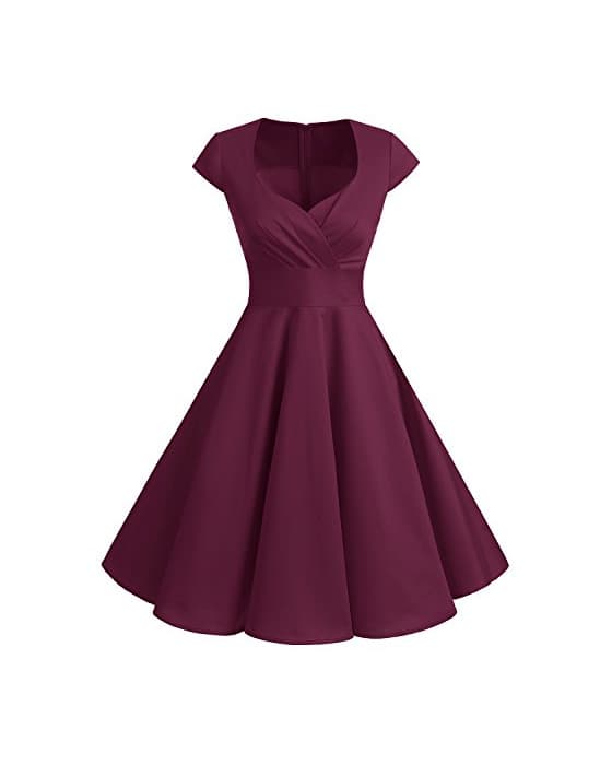 Fashion Bbonlinedress Vestido Corto Mujer Retro Años 50 Vintage Escote En Pico Burgundy