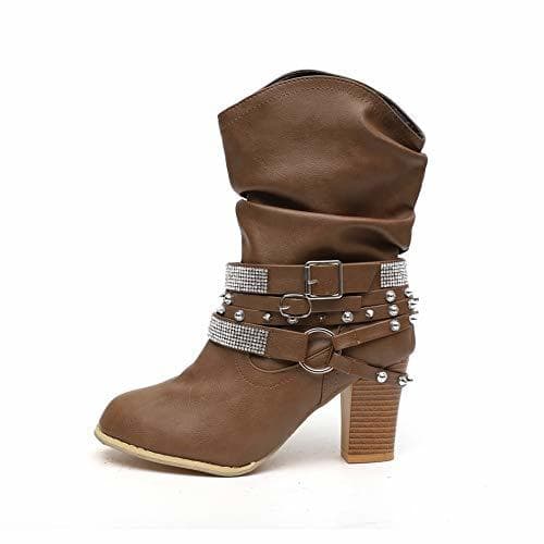 Moda Botas Mujer Tacon Alto Cuero Botines Invierno Pelaje Tobillo Hebilla Zapatos de