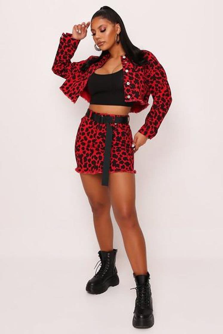 Fashion Red Leopard Print Belted Denim Skirt | Denim skirt 