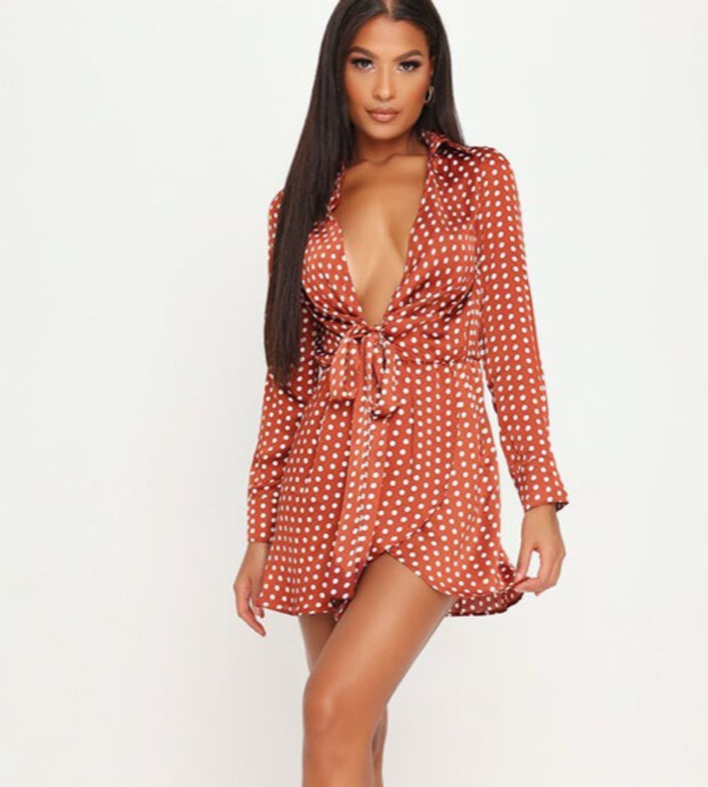 Fashion Rust Polka Dot Print Satin Tie Front Shirt Dress 