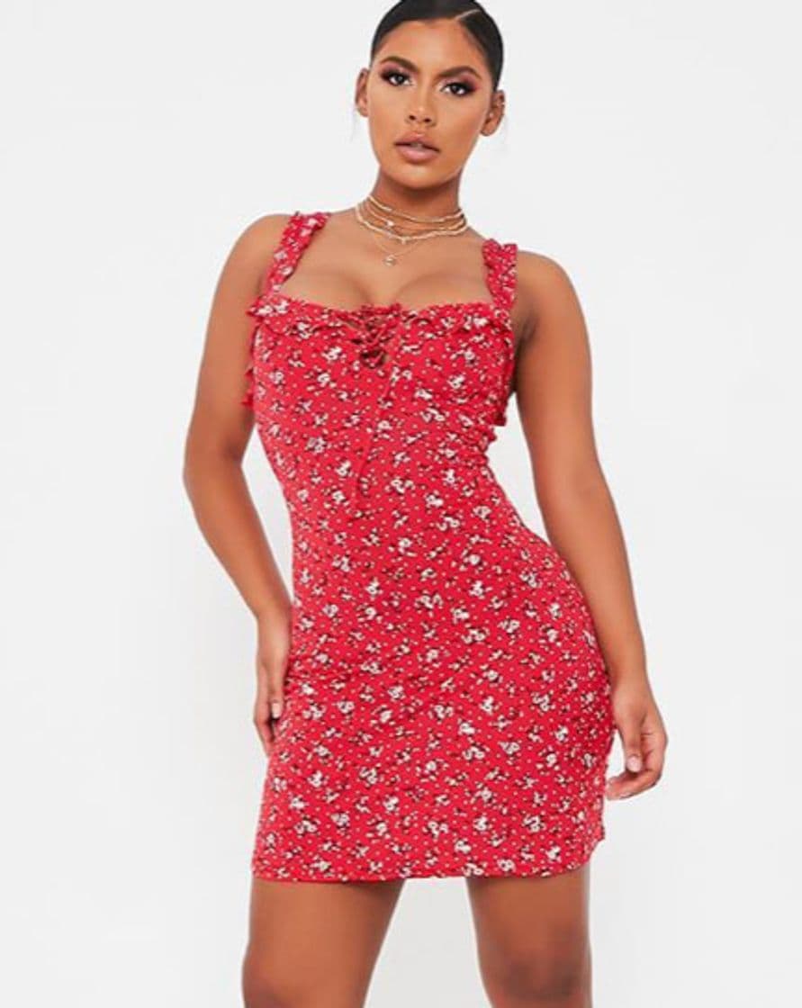 Fashion 
Red Jersey Ditsy Floral Cami Frill Detail Tea Dress