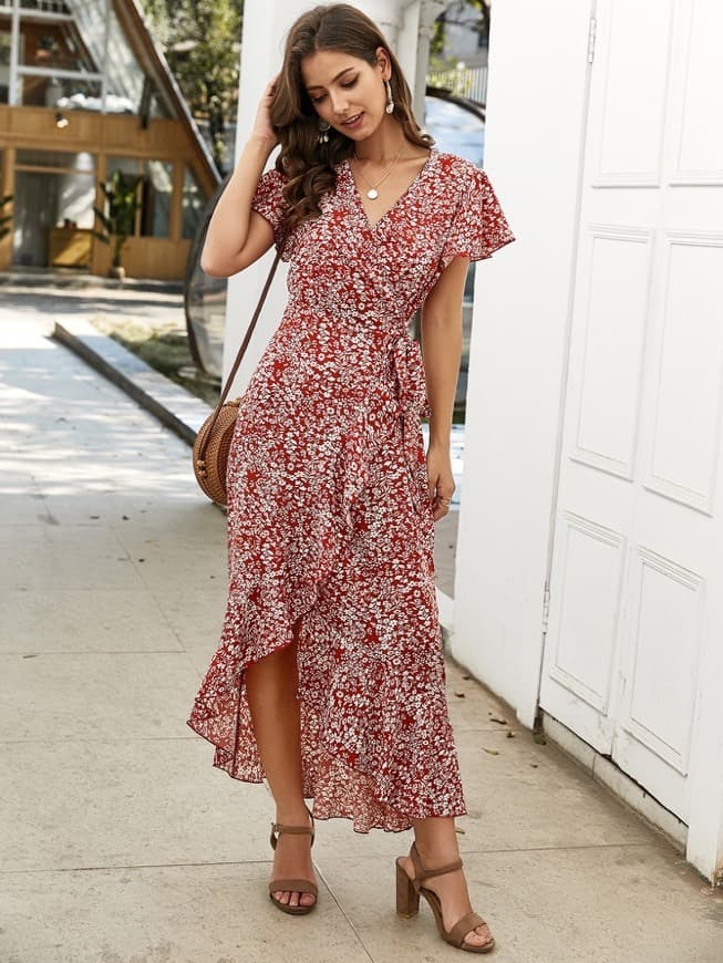 Fashion Ditsy Floral Tulip Hem Wrap Dress