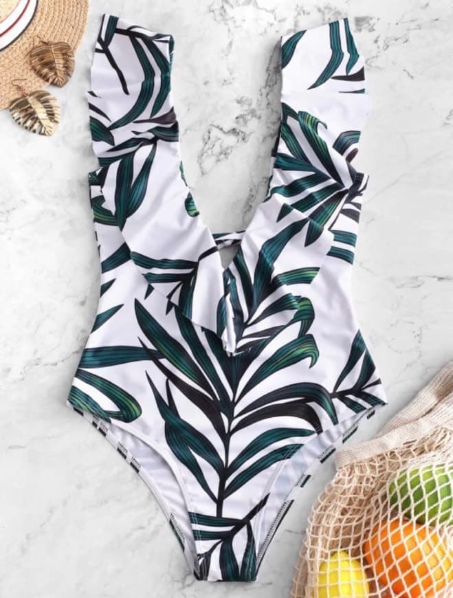 Product Leaf Print Ruffle Plunging Swimsuit 