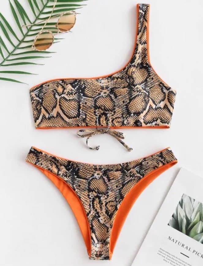 Product Snake skin leopard one shoulder reversible bikini set 