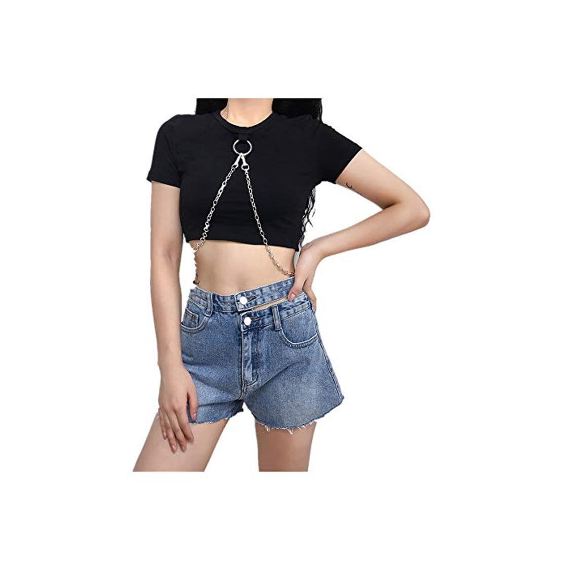 Fashion VJGOAL Tops Cortos de Cuello Redondo de Manga Corta para Mujer Verano Blusa Estilo Punk Gótica Cadena Camisetas