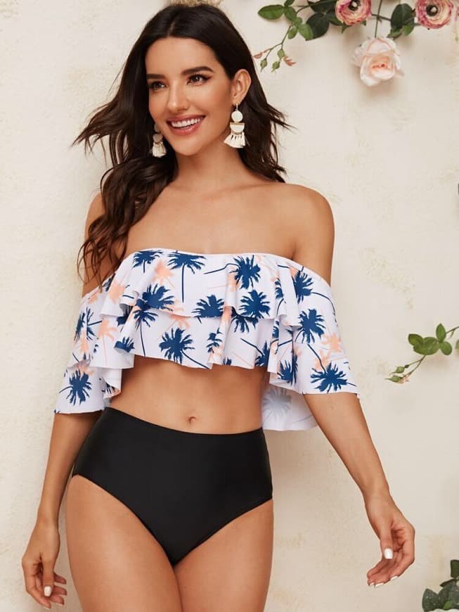 Product Palm Tree Print Tiered Layer Bikini Swimsuit