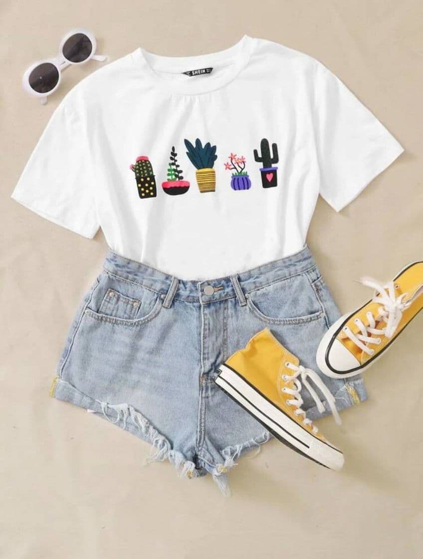 Fashion Shein Branco Plants Ocasional Camiseta