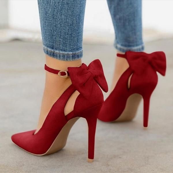 Fashion Nailyhome High Heels Ponited Toe Bowtie Pumps with Ankle Buc