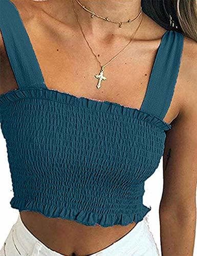 Fashion KAMISSY Women's Frill Smocked Crop Tank Top Tie Shoulder Strap Vest