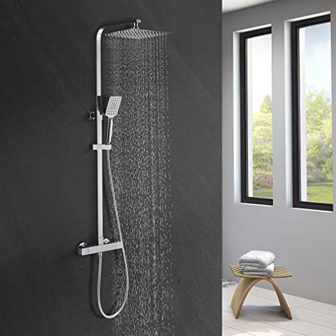 Product BONADE Columna de Ducha Termostática 38 °C Conjunto de Ducha Cuadrado para Baño con 10" Alcachofa Ducha Lluvia en Acero Inoxidable y 3 Tipos Ducha de Mano y Barra Altura Ajustable