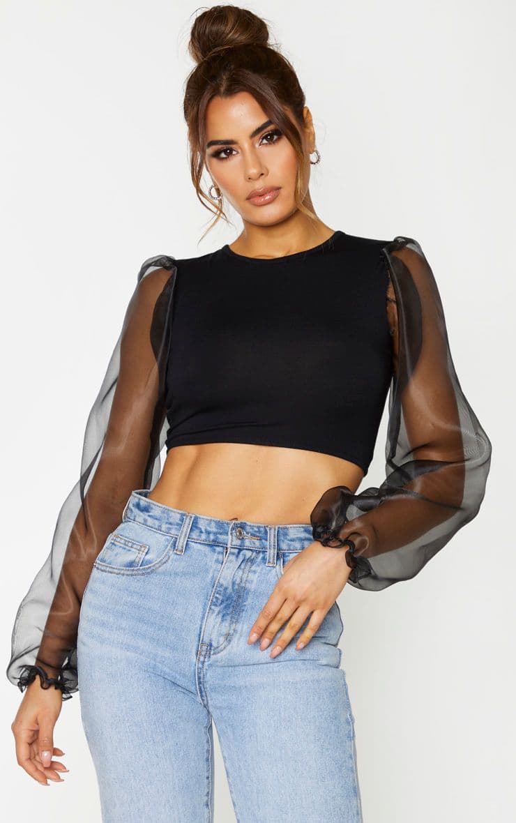 Product Tall Black Organza Sleeve Jersey Crop Top