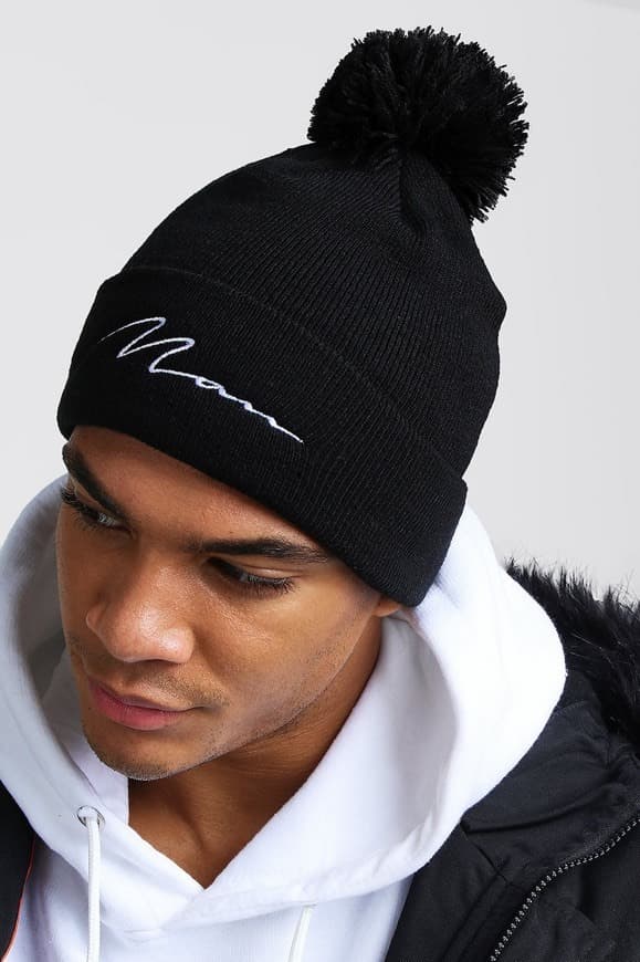 Fashion MAN Script Embroidered Bobble Beanie | boohooMAN