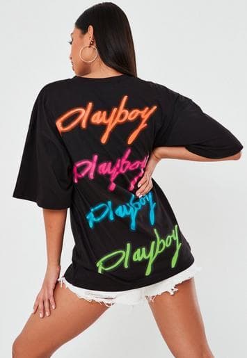 Fashion Playboy x Missguided Black Spray Paint Print T Shirt | Missguided