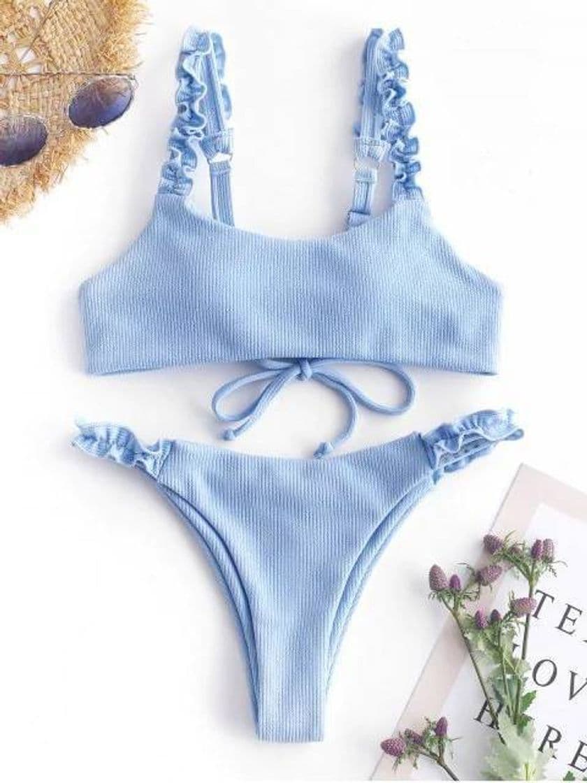 Product ZAFUL Ribbed Lace Up Lettuce Strap Bikini Set 