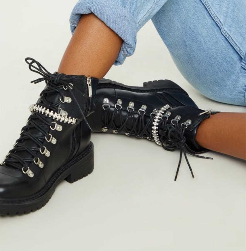 Product Black Diamante Detail Hiker Ankle Boot