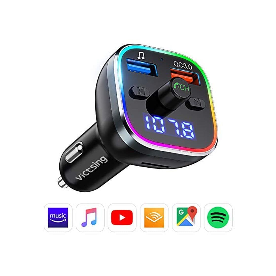 Electronic Transmisor FM Bluetooth V5.0, [RGB 7 Colores Luz de Anillo] VicTsing Manos