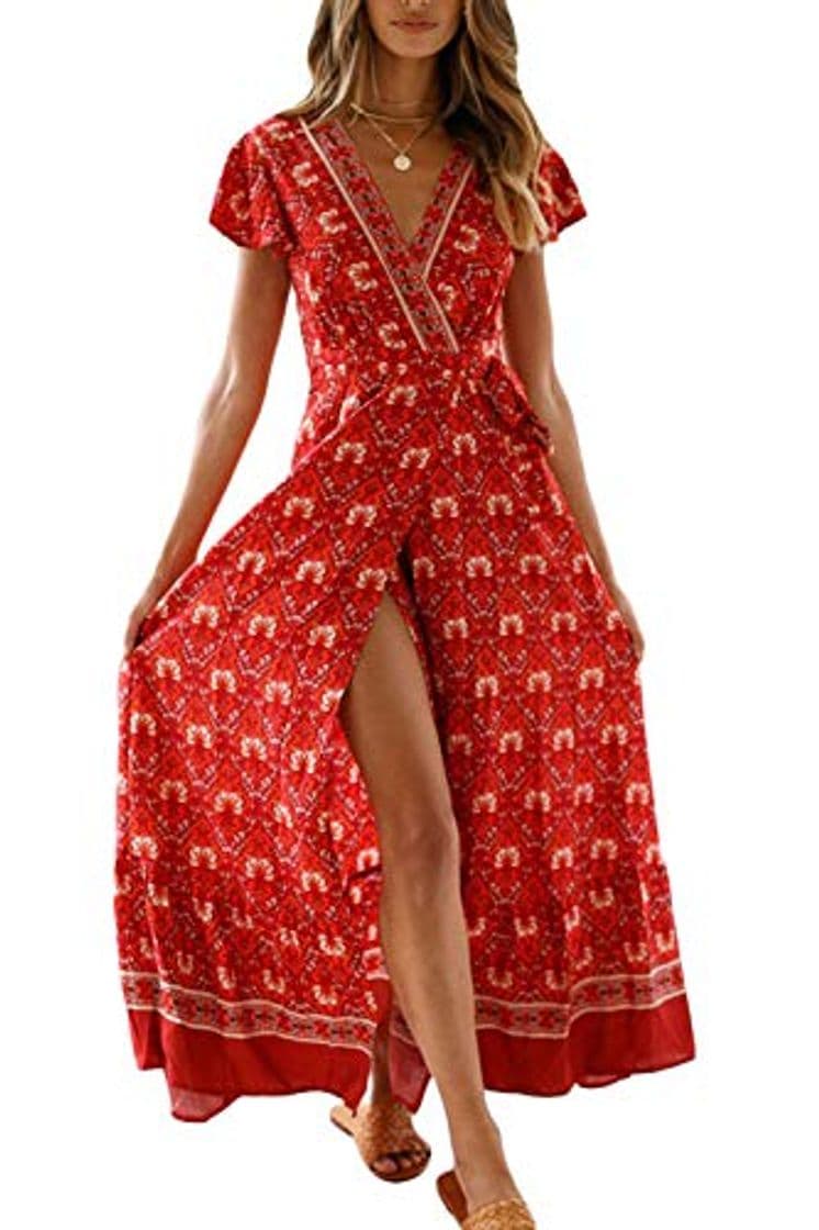 Producto Vestido Mujer Bohemio Largo Verano Playa Fiesta Floral Manga Corta Cuello en V Talla Split Wrap Maxi Vestidos 5 M